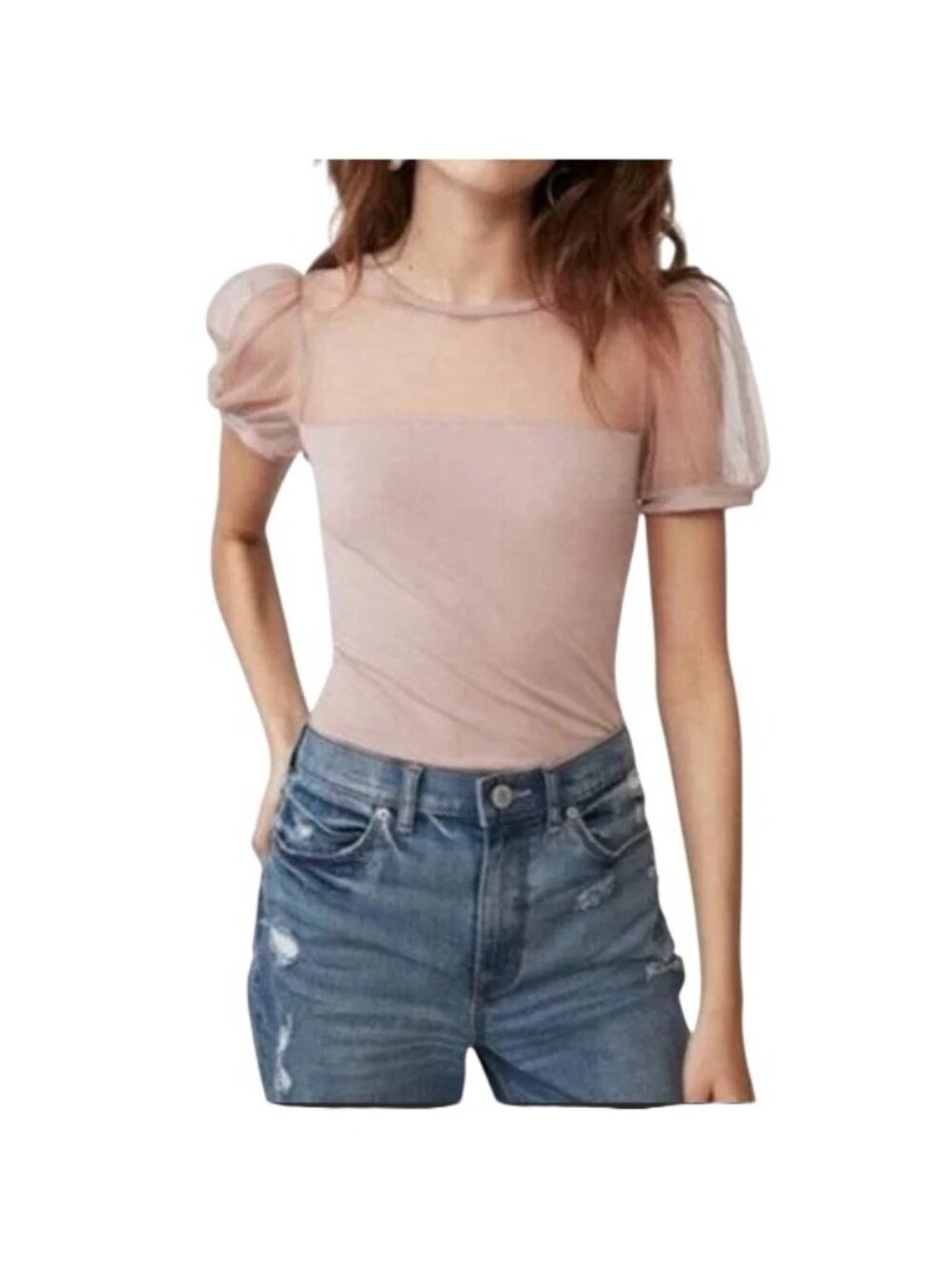 Express Blouse Size Medium Crew Sheer Mesh Puff Sleeve Top Mauve Pink Feminine